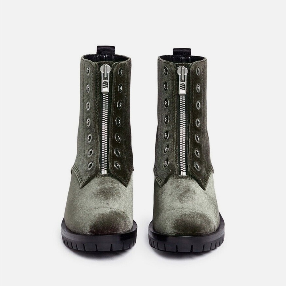 3.1 Phillip Lim Olive Velvet Front-Zip Lug Sole Ankle Boots